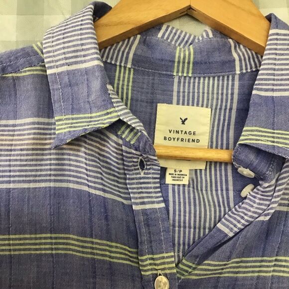 AEO plaid blue Vintage boyfriend 100% cotton button down blouse Small CORNFLOWER - Picture 2 of 14
